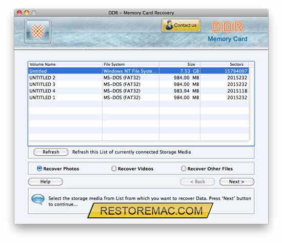 Screenshot of Mac Memory Card Restore